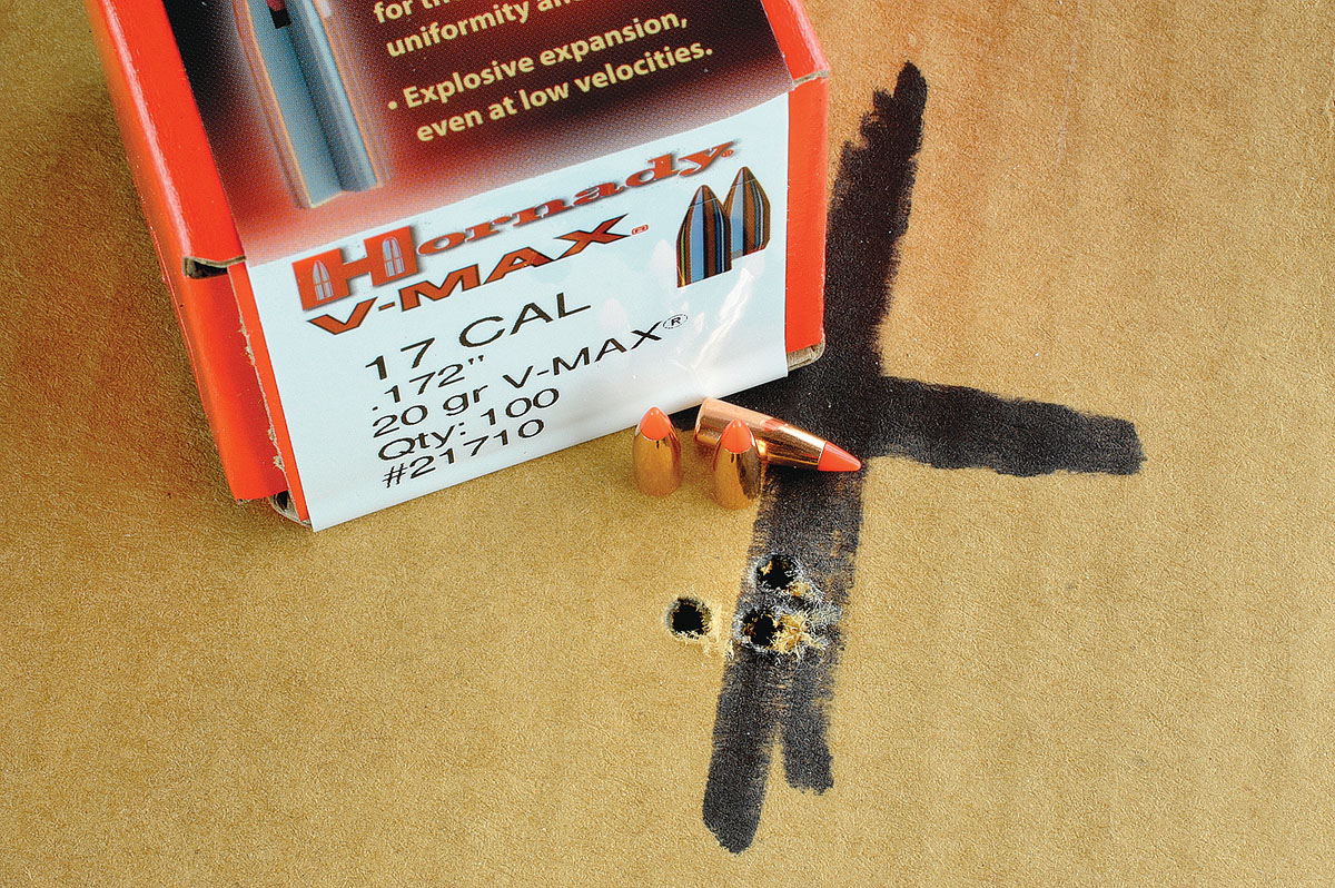 Hornady 20-grain V-MAX bullets and 19.5 grains of Benchmark produced 3,809 fps and this .323-inch group.